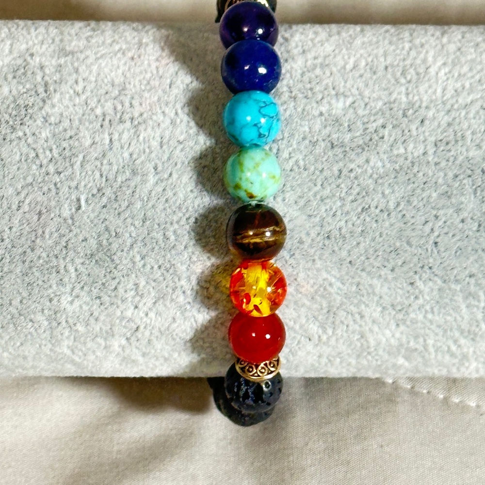 Multicolor 7 stone chakra stretchy bracelet w/black lava stones - Picture 4 of 16